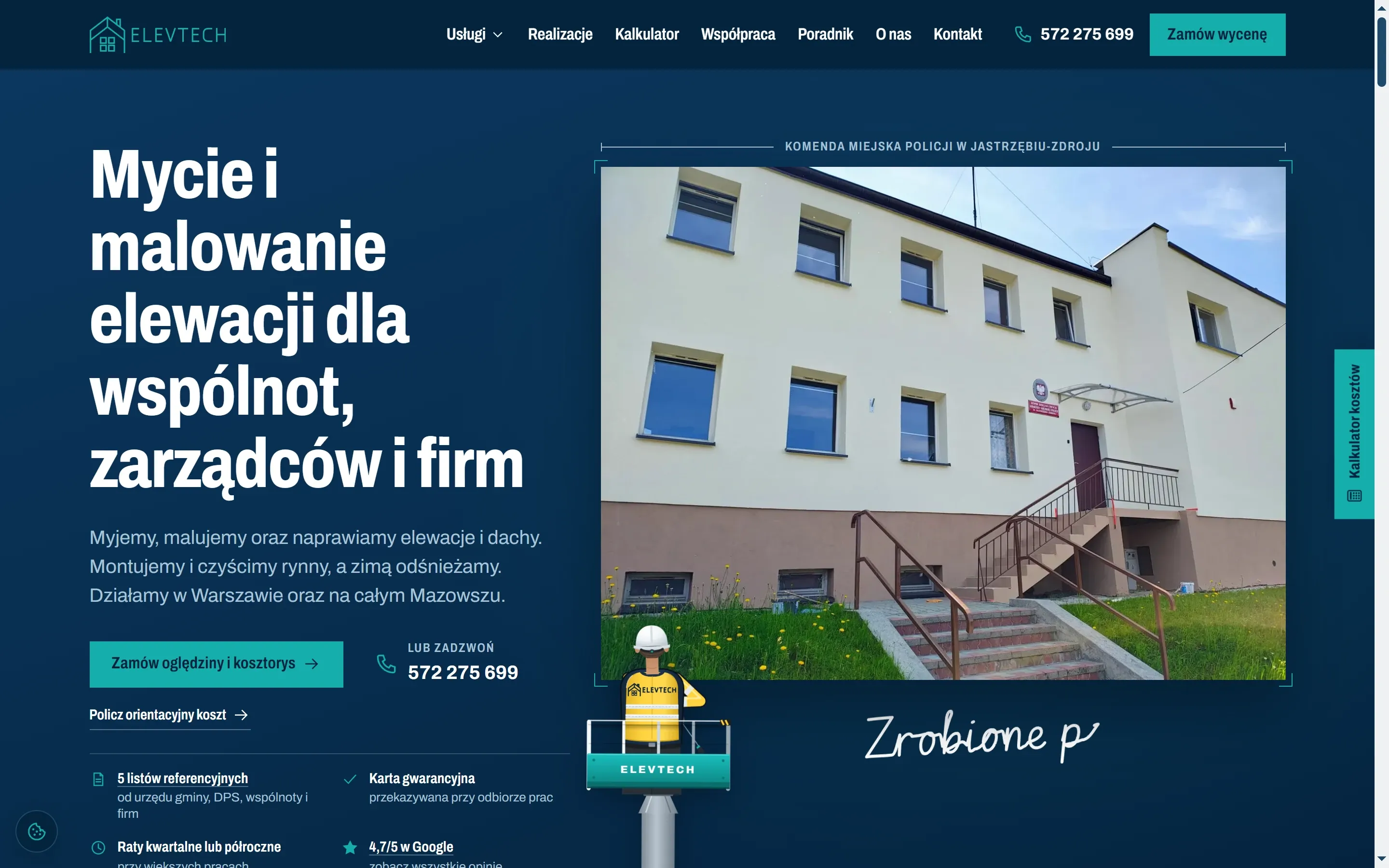 Pierwszy ekran elevtech.pl: nagłówek o myciu i malowaniu elewacji dla wspólnot i firm, zdjęcie elewacji budynku użyteczności publicznej i pracownik w koszu podnośnika