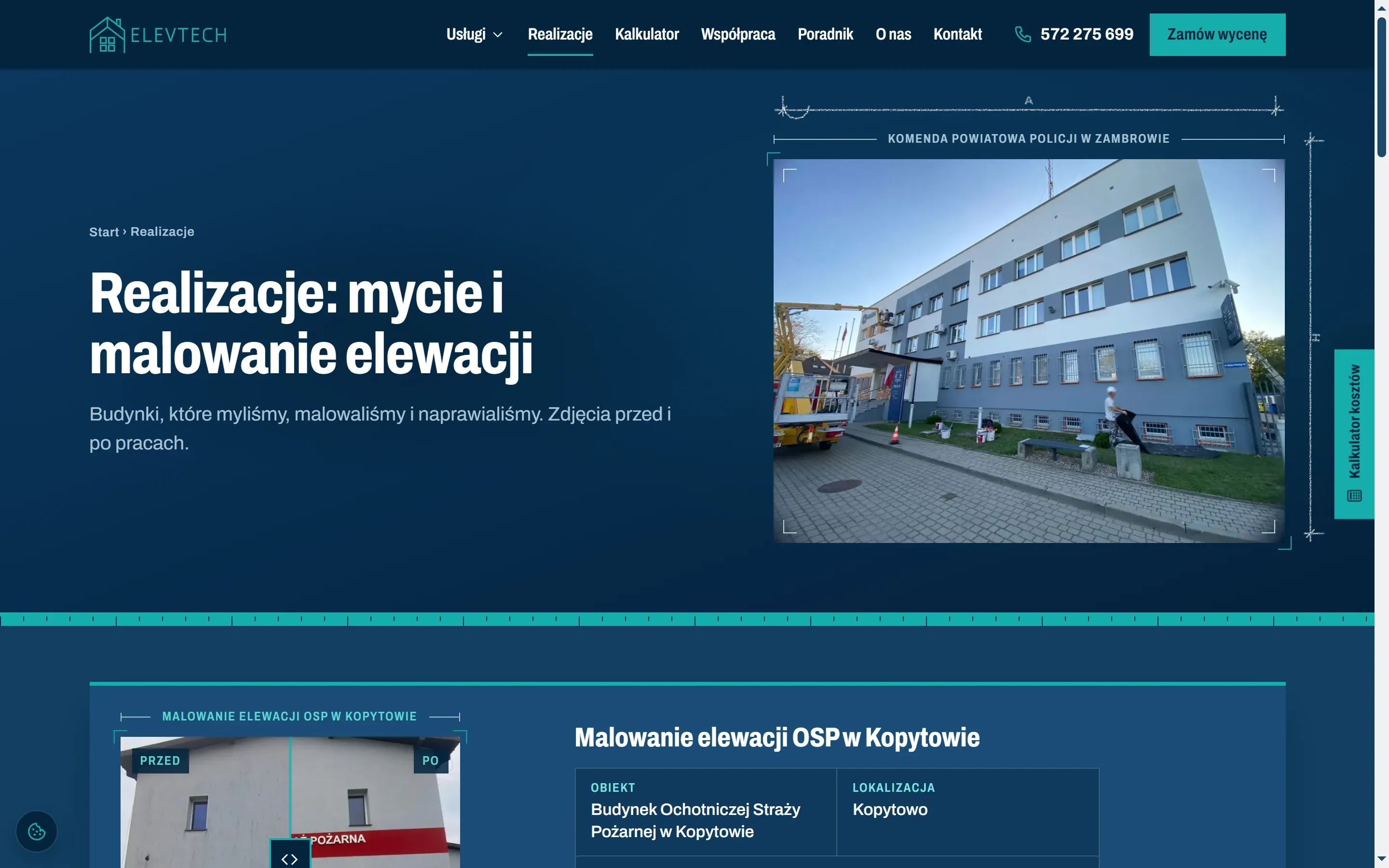 Strona realizacji elevtech.pl: nagłówek i karta projektu z suwakiem przed i po dla budynku użyteczności publicznej
