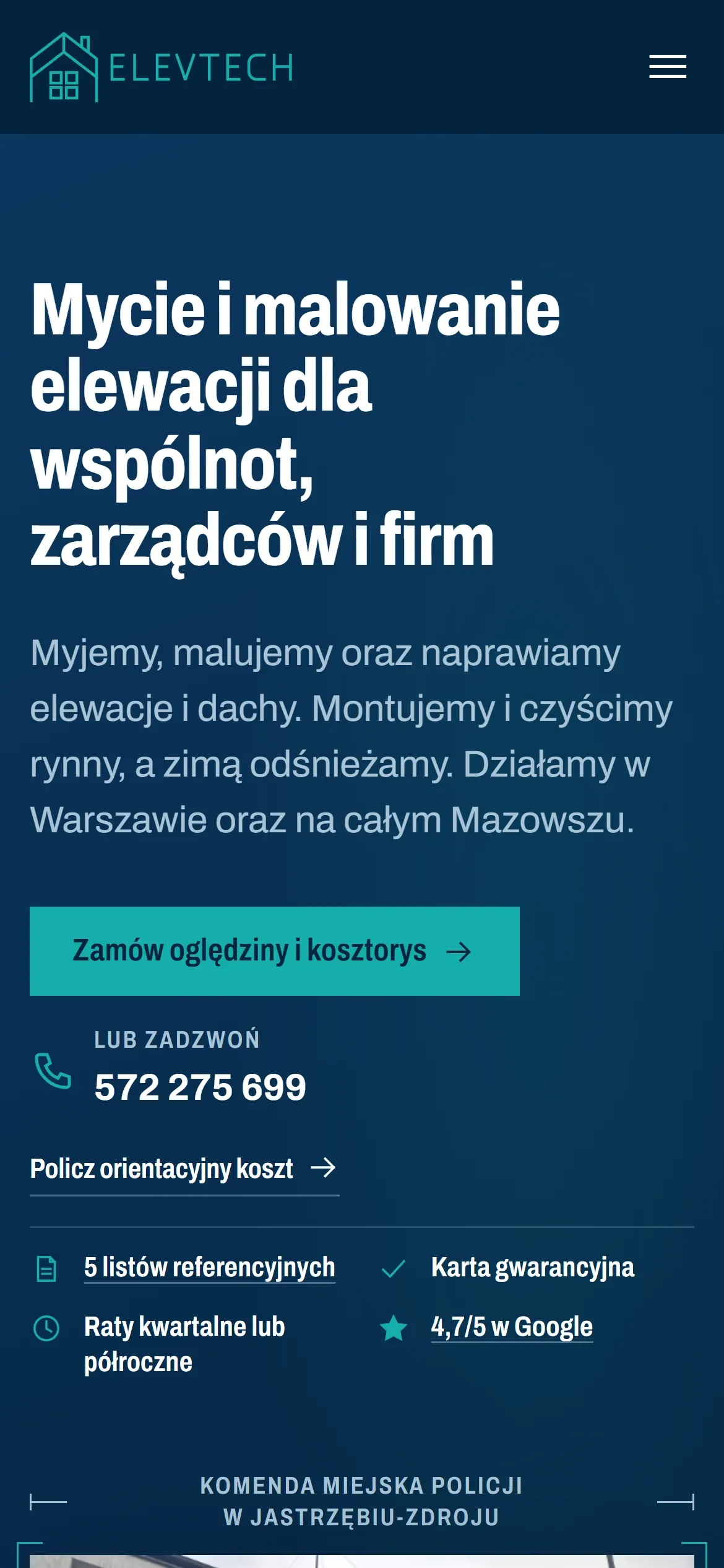 Pierwszy ekran elevtech.pl na telefonie: nagłówek, przycisk zamówienia oględzin i numer telefonu